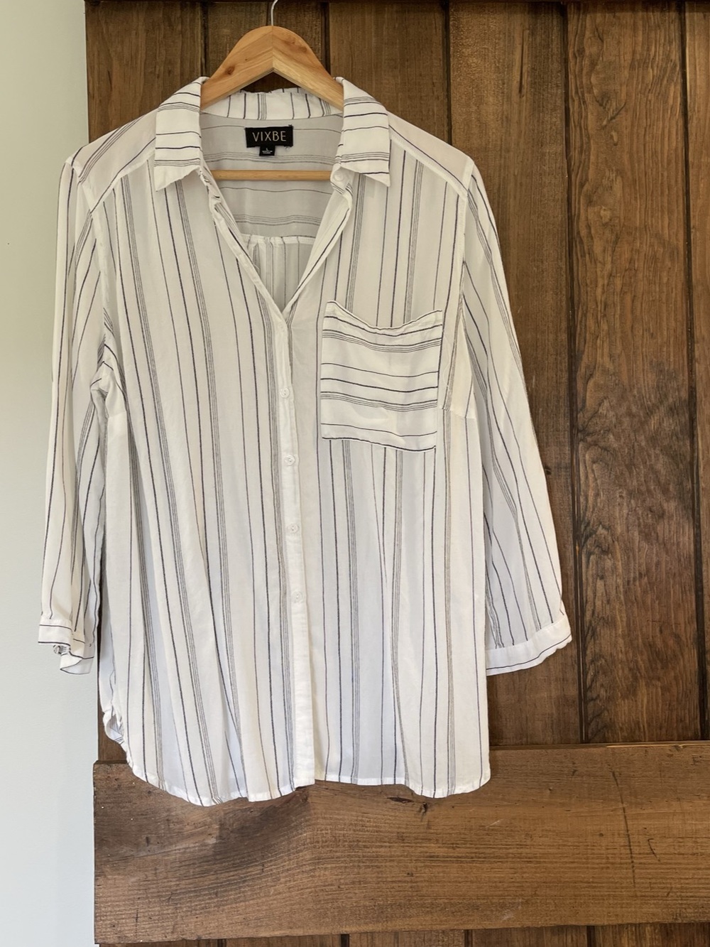 Vixbe White Black 3/4 Sleeve Mixed Stripe Button Down Top Large